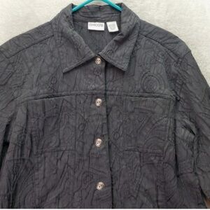 Chico's Size 8 (Chico’s 1) Black Patterned Metallic Button Shirt/Jacket, Shaket